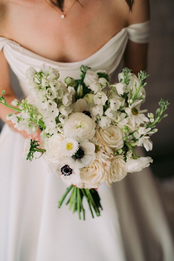 Close-up of a bouquet of anemones and ranunculus